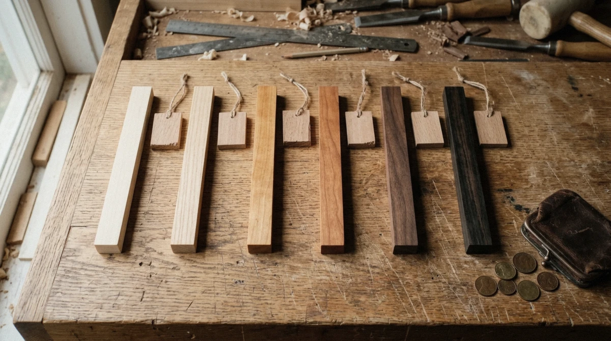 Six chopstick wood blanks from pale magnolia to dark ebony lined up with blank price tags, comparing chopstick making costs in Tokyo