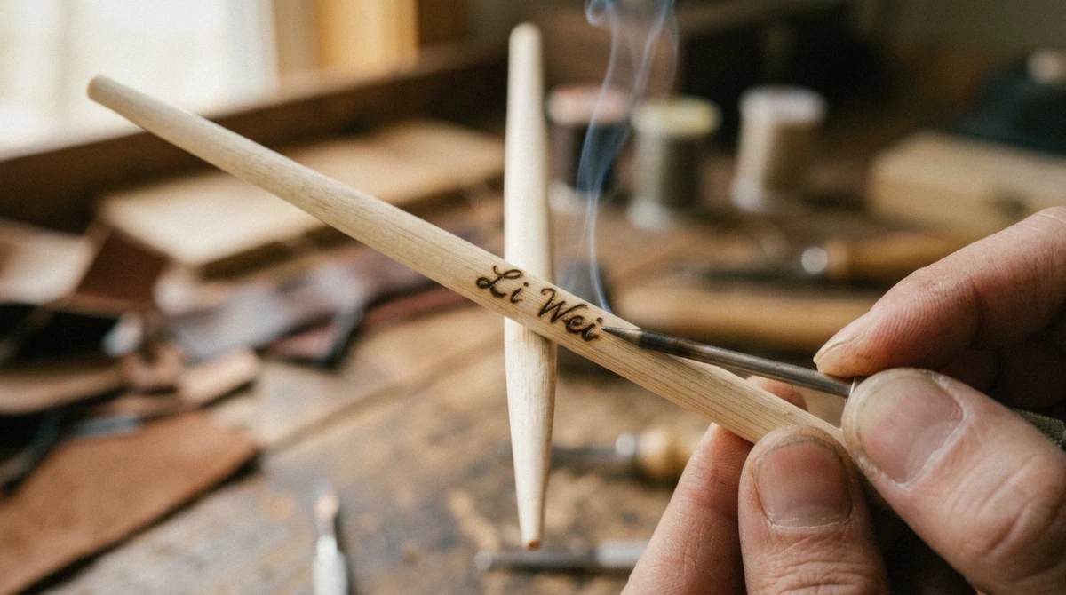 An engraving tool burning a name into a wooden chopstick, the personalisation step behind a handmade chopsticks Tokyo souvenir gift