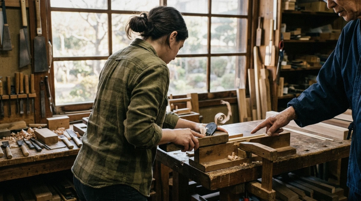 A first-time visitor planing a chopstick blank in a jig under an instructor's guidance at a chopstick making workshop in Tokyo