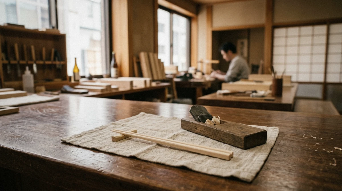 A finished pair of pale wooden chopsticks on a linen cloth at a refined chopstick making studio in Ginza, Tokyo