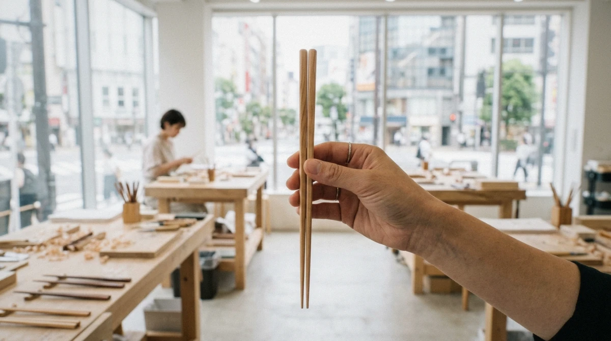 A hand holding up a finished pair of handmade chopsticks in a bright step-free studio near Shibuya Crossing, Tokyo