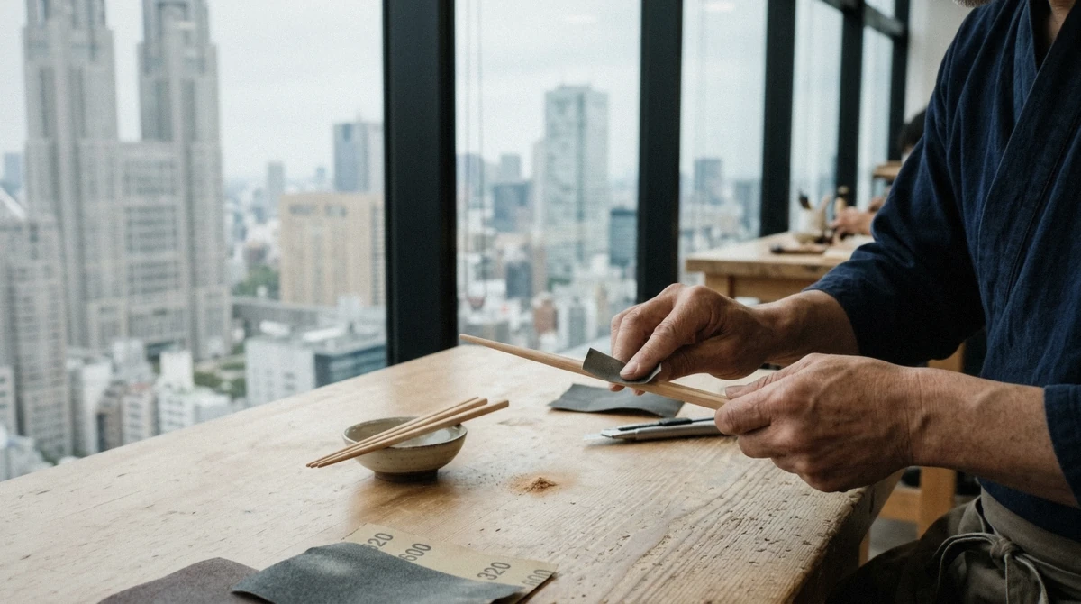 Hands sanding a wooden chopstick at a high-floor Shinjuku studio during a chopstick making class in Tokyo