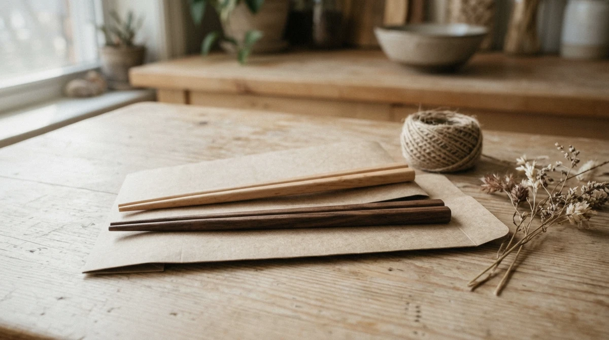 Two finished pairs of handmade chopsticks on a plain paper gift sleeve, a handmade chopsticks souvenir from a Tokyo workshop