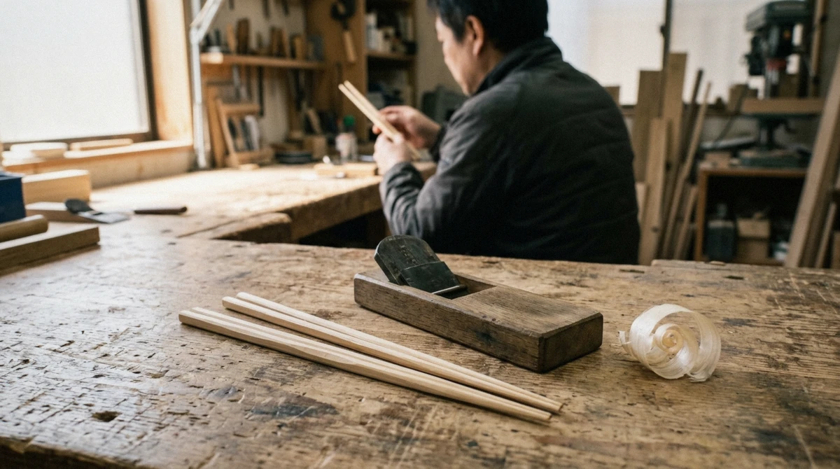 A finished pair of hand-planed wooden chopsticks beside a kanna plane on a workbench, weighing whether chopstick making in Tokyo is worth it