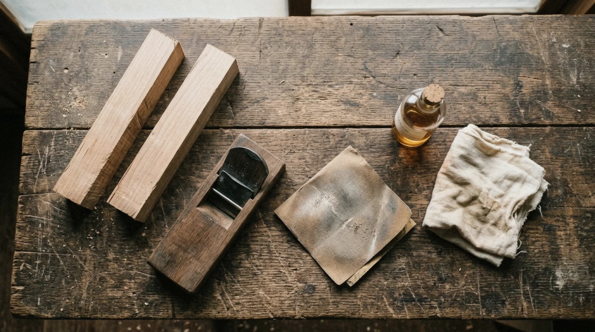 A workbench with hand planes, sandpaper and wood blanks set out for a chopstick making session in Tokyo
