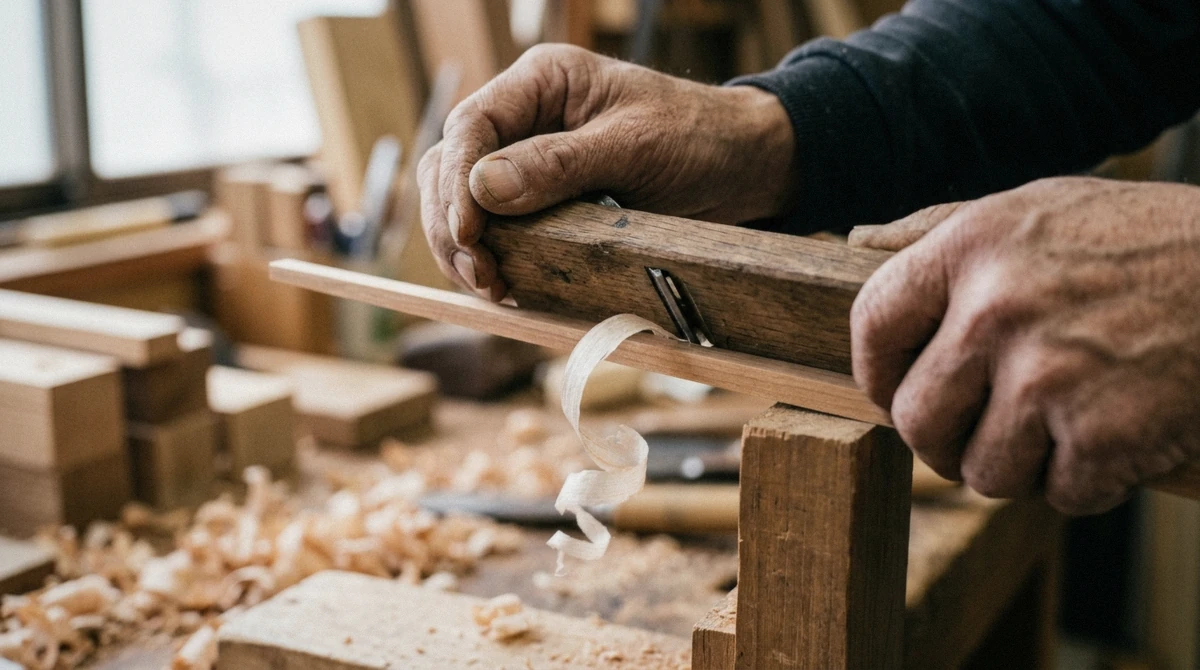 A close-up of a kanna hand plane shaving a thin curl from a chopstick blank during a first time chopstick making class in Tokyo