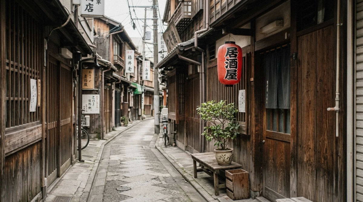A quiet Tokyo backstreet near a chopstick making studio, wooden shopfronts and paper lanterns