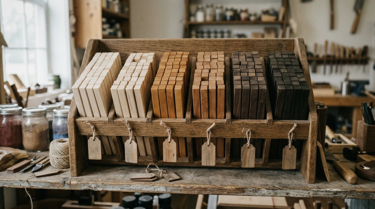 A wooden rack of chopstick blanks graded from pale magnolia to dark walnut, part of the wood choice behind a handmade chopsticks Tokyo souvenir