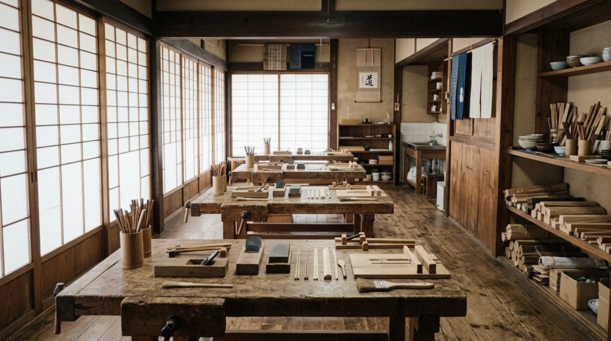 The calm wooden interior of a chopstick making studio in Tokyo, benches lined with tools and wood blanks