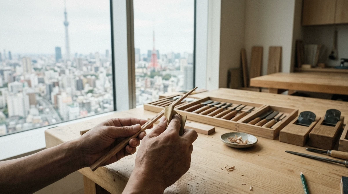 Hands smoothing a wooden chopstick with a Japanese hand plane during a chopstick making class in Tokyo's Shinjuku district