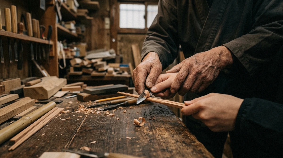 A Tokyo artisan guiding a visitor carving wooden chopsticks during a small-group chopstick making workshop near Asakusa