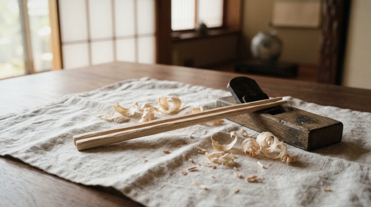Freshly carved wooden chopsticks resting on a workbench at a chopstick making workshop in Ginza, Tokyo