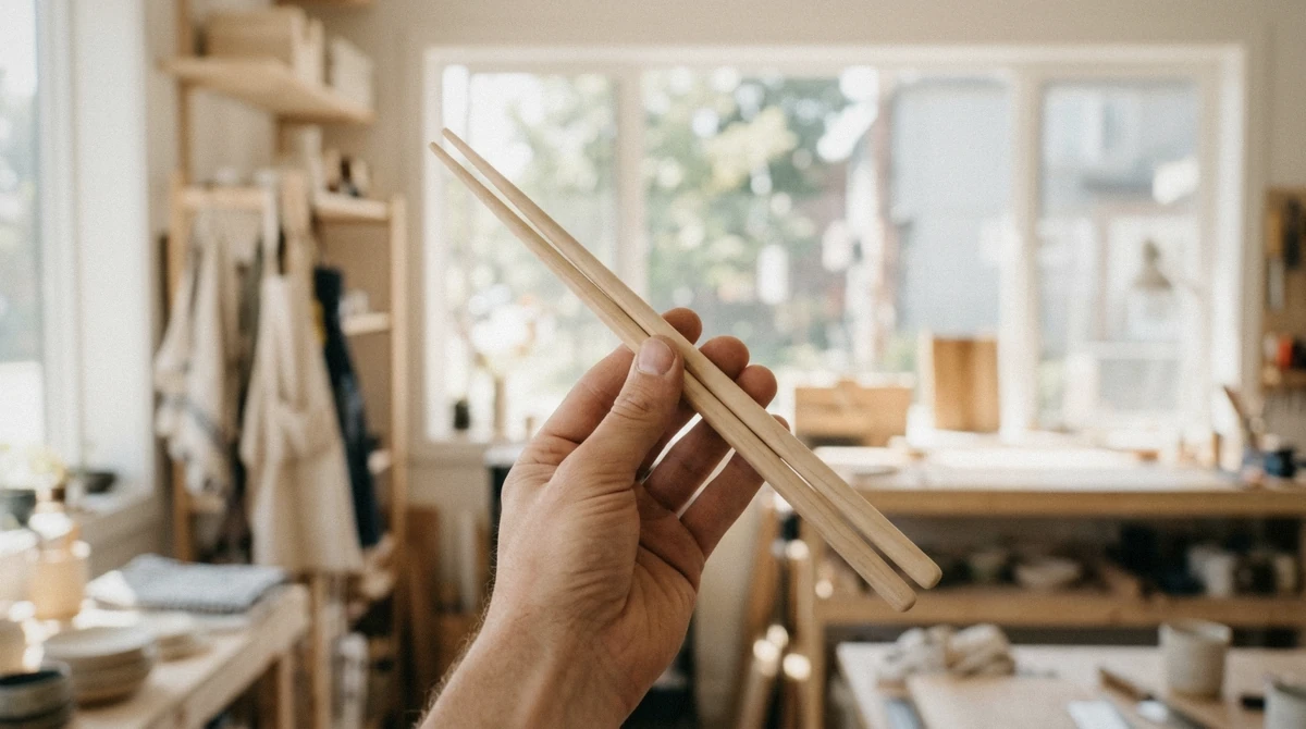 A visitor holding a finished pair of handmade chopsticks after a chopstick making workshop in Shibuya, Tokyo